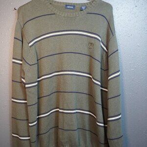 Izod Mens Dark Green White Navy Stripe Cotton Long Sleeve Sweater Size Large